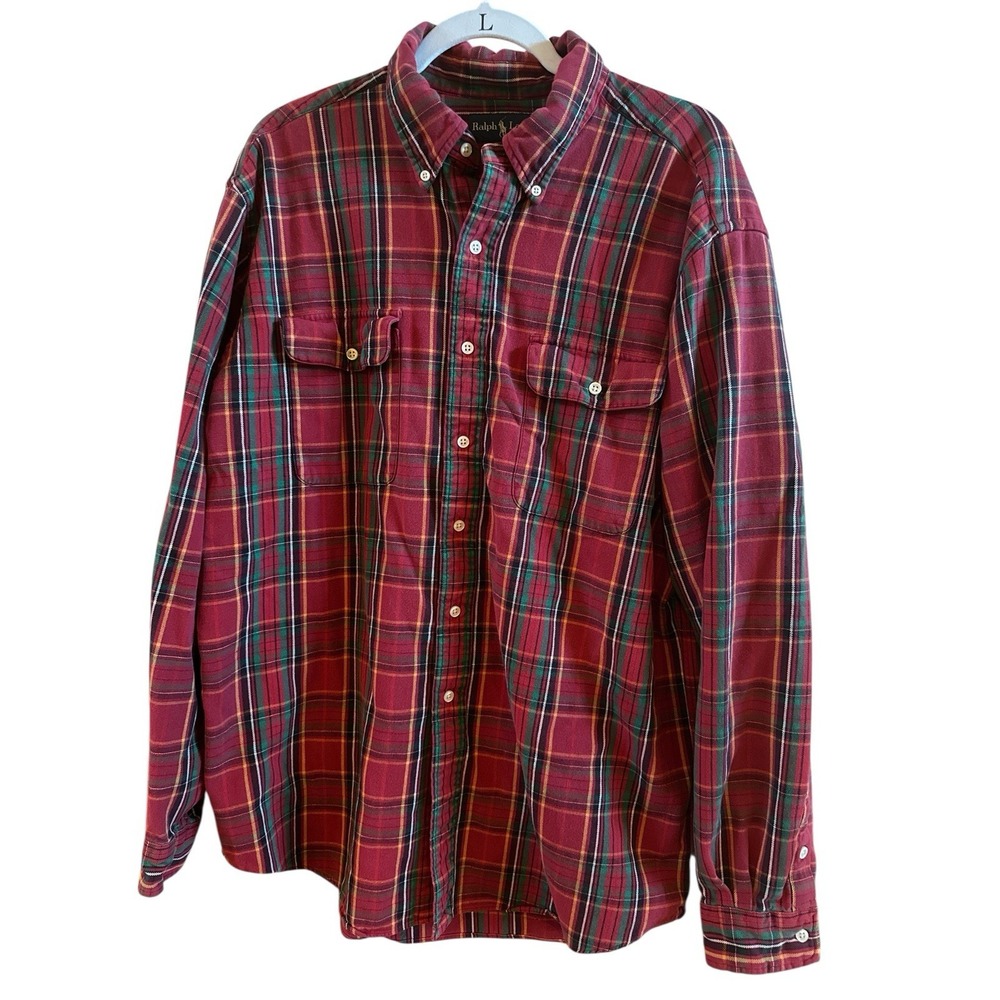 Ralph‎ Lauren Black Label Cotton  Red Plaid Men's Work Shirt Size Extra Large